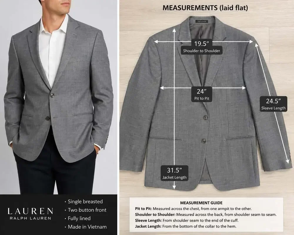 Lauren Ralph Lauren Mens Gray Plaid 44R Blazer Wool 2 Button Sport Coat Jacket